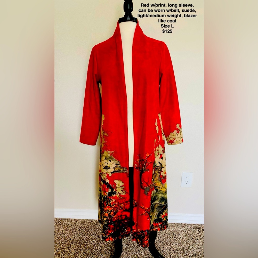 Woman’s lightweight coat, multi color with beautiful print, size L $125
